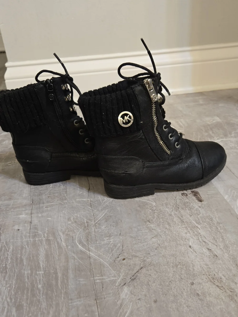 Michael Kors Black Lace-Up Leather Combat Ankle Boots with MK Hardware
